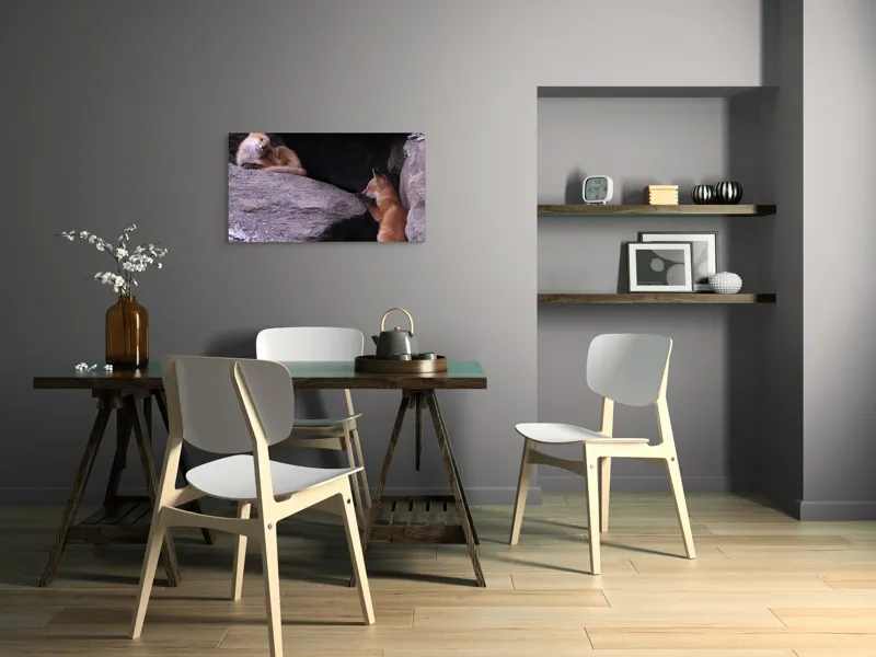 Tablou Canvas, "Vulpițe odihnindu-se în vizuină ", Vulpi, Culcuș, Liniște, Pui, Blană, Grotă, Mângâiere, Natură, 90 x 50 cm – poza 3