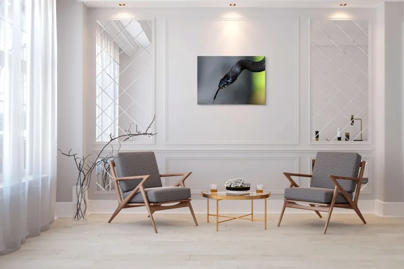 Tablou Canvas, "Șarpele elegant în umbra pădurii", Șarpe, Solzi, Negru, Ochi, Limbă, Natură, Reptilă, Detaliu, 100 x 70 cm – poza 5
