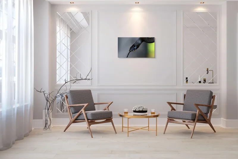 Tablou Canvas, "Șarpele elegant în umbra pădurii", Șarpe, Solzi, Negru, Ochi, Limbă, Natură, Reptilă, Detaliu, 90 x 50 cm – poza 7