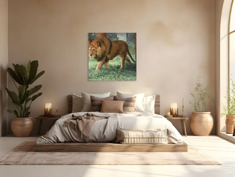 Tablou Canvas, "Regele savanei în plimbare solemnă", Leu, Majestuos, Puternic, Impozant, Natură, Verdeață, Strălucire, Regăsire, 100 x 100 cm – poza 4