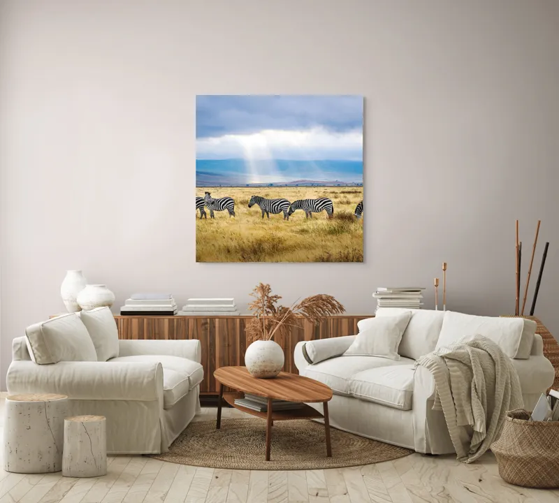 Tablou Canvas, "Zebre sub razele soarelui africane", Zebre, Câmpie, Nori, Lumină, Peisaj, Natură, Serenitate, Dungi, Cer, Sălbăticie, 100 x 100 cm – poza 3