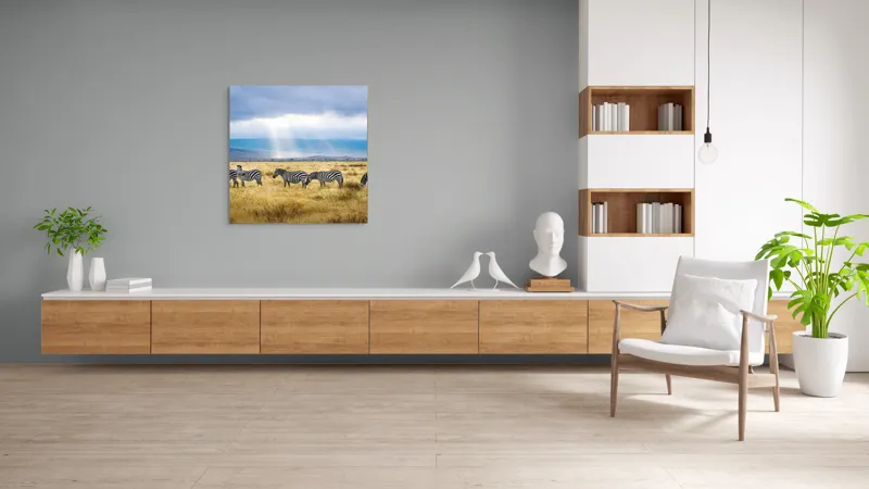 Tablou Canvas, "Zebre sub razele soarelui africane", Zebre, Câmpie, Nori, Lumină, Peisaj, Natură, Serenitate, Dungi, Cer, Sălbăticie, 100 x 100 cm – poza 8