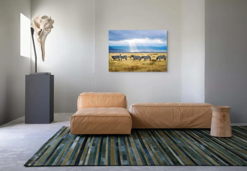 Tablou Canvas, "Zebre sub razele soarelui africane", Zebre, Câmpie, Nori, Lumină, Peisaj, Natură, Serenitate, Dungi, Cer, Sălbăticie, 100 x 70 cm – poza 7