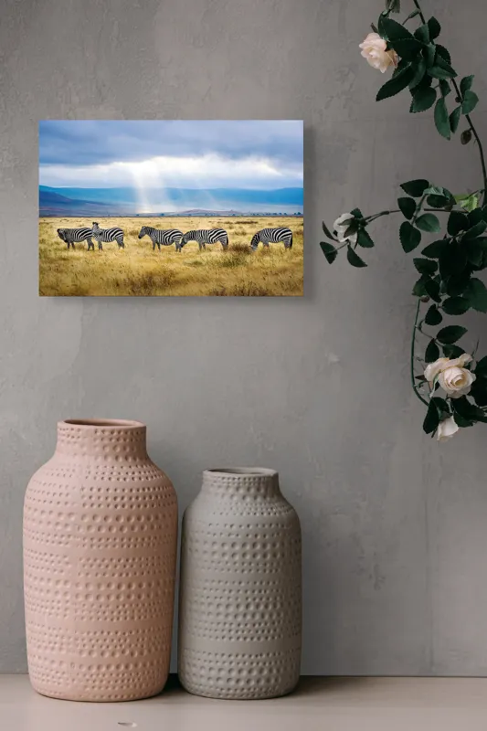 Tablou Canvas, "Zebre sub razele soarelui africane", Zebre, Câmpie, Nori, Lumină, Peisaj, Natură, Serenitate, Dungi, Cer, Sălbăticie, 39 x 26 cm – poza 4