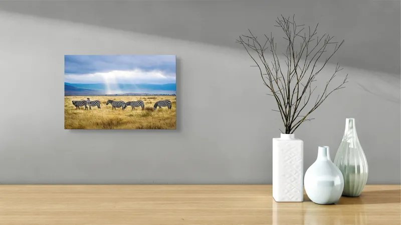 Tablou Canvas, "Zebre sub razele soarelui africane", Zebre, Câmpie, Nori, Lumină, Peisaj, Natură, Serenitate, Dungi, Cer, Sălbăticie, 39 x 26 cm – poza 8