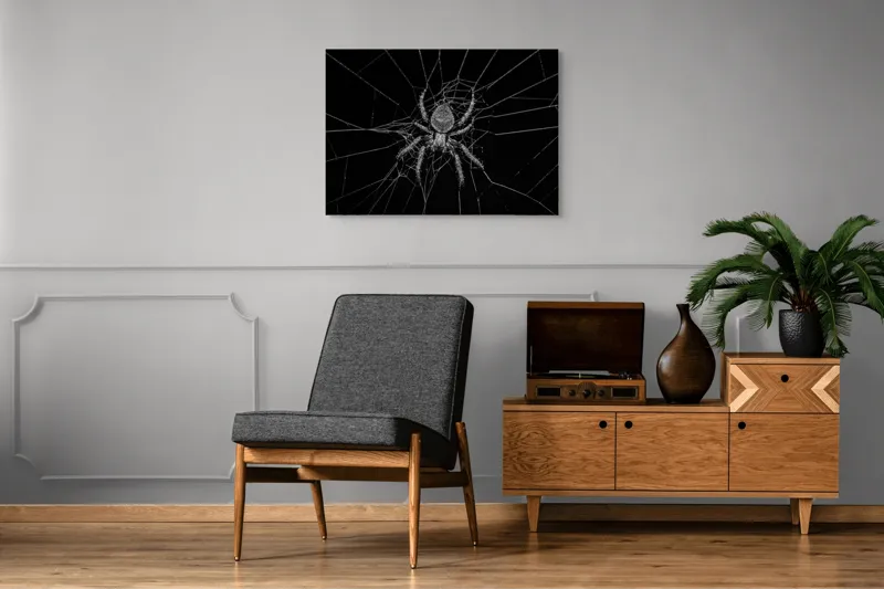 Tablou Canvas, "Maestrul păianjen învăluit în mister", Păianjen, Pânză, Detaliu, Contrast, Întuneric, Fire, Simetrie, Textură, Natură, Arahnidă, 100 x 70 cm – poza 8
