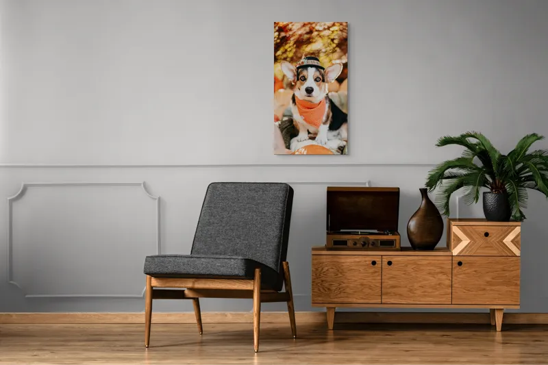 Tablou Canvas, "Câinele elegant în ținuta de toamnă", Câine, Corgi, Pălărie, Eșarfă, Portocaliu, Lumini, Dovleci, Frunze, Toamnă, Sclipire, Privire, Natură, 50 x 90 cm – poza 8