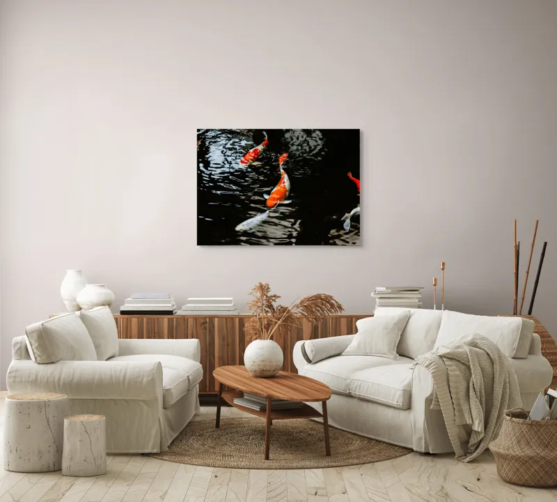 Tablou Canvas, "Koi fermecători înotând în iaz", Pești, Apă, Koi, Reflectie, Armonie, Natură, Mișcare, Culori, Serenitate, Grandoare, 100 x 70 cm – poza 3