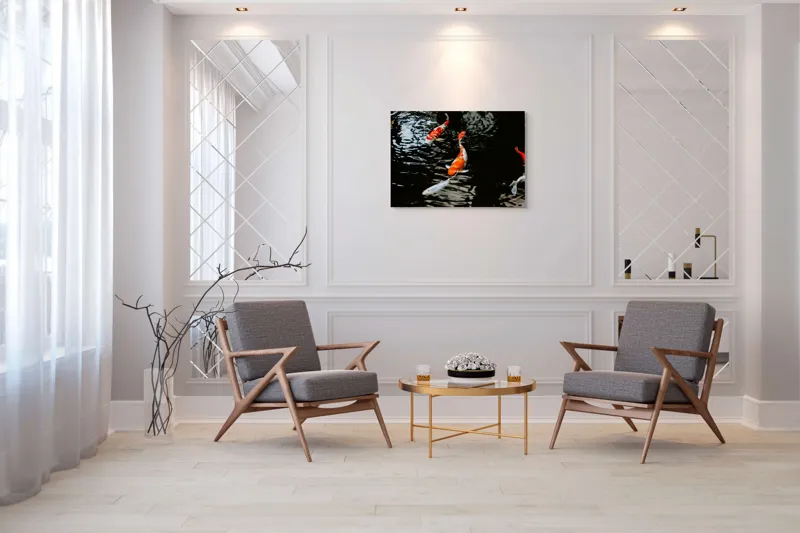 Tablou Canvas, "Koi fermecători înotând în iaz", Pești, Apă, Koi, Reflectie, Armonie, Natură, Mișcare, Culori, Serenitate, Grandoare, 100 x 70 cm – poza 5