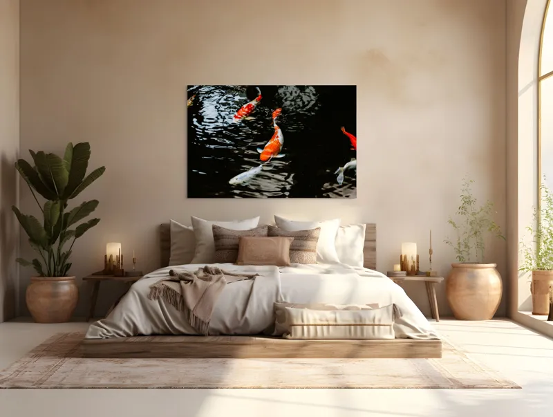 Tablou Canvas, "Koi fermecători înotând în iaz", Pești, Apă, Koi, Reflectie, Armonie, Natură, Mișcare, Culori, Serenitate, Grandoare, 150 x 100 cm – poza 4