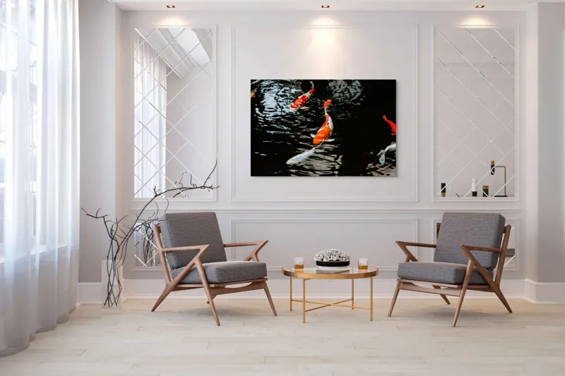 Tablou Canvas, "Koi fermecători înotând în iaz", Pești, Apă, Koi, Reflectie, Armonie, Natură, Mișcare, Culori, Serenitate, Grandoare, 150 x 100 cm – poza 7
