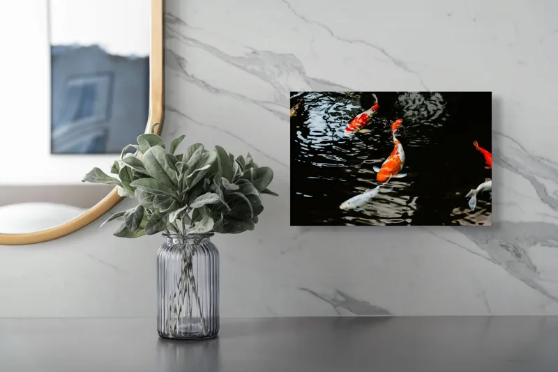 Tablou Canvas, "Koi fermecători înotând în iaz", Pești, Apă, Koi, Reflectie, Armonie, Natură, Mișcare, Culori, Serenitate, Grandoare, 39 x 26 cm – poza 5