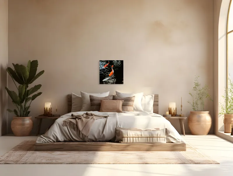 Tablou Canvas, "Koi fermecători înotând în iaz", Pești, Apă, Koi, Reflectie, Armonie, Natură, Mișcare, Culori, Serenitate, Grandoare, 50 x 50 cm – poza 5