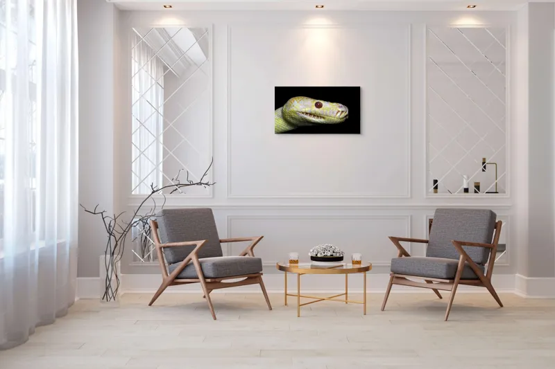 Tablou Canvas, "Șarpele în strălucirea nopții negre", Șarpe, Solzi, Galben, Ochi, Prădător, Noapte, Textură, Detalii, Natură, 90 x 50 cm – poza 7