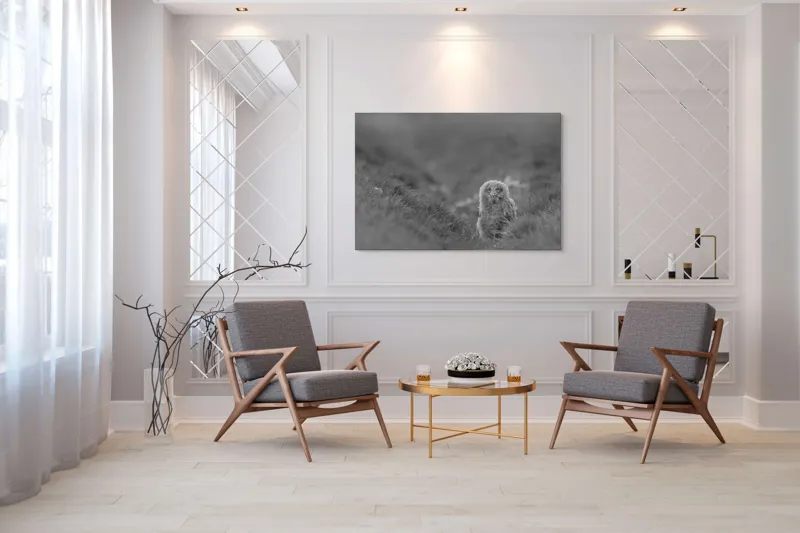 Tablou Canvas, "Puiul de bufniță în ceață misterioasă", Pui, Bufniță, Plante, Blană, Peisaj, Culoare, Frunze, Vegetație, Privire, Curiozitate, 150 x 100 cm – poza 7