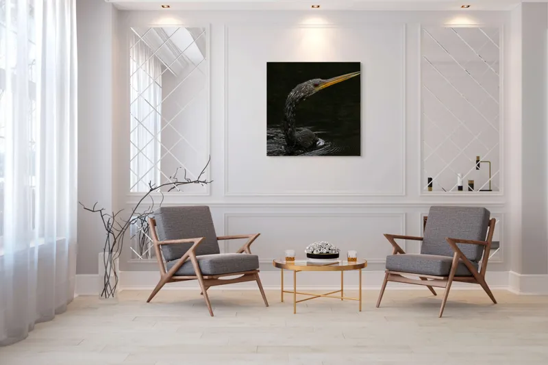 Tablou Canvas, "Vigilentul paznic al apelor întunecate", Pasăre, Apă, Cioc, Pene, Ochi, Negru, Natură, Reflecție, Elegantă, Silențioasă, 100 x 100 cm – poza 7