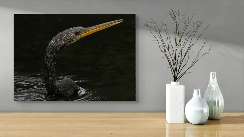 Tablou Canvas, "Vigilentul paznic al apelor întunecate", Pasăre, Apă, Cioc, Pene, Ochi, Negru, Natură, Reflecție, Elegantă, Silențioasă, 70 x 50 cm – poza 3