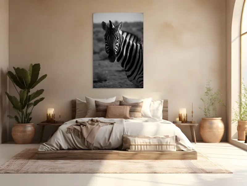Tablou Canvas, "Zebră în peisaj deșertic africat", Zebră, Dungată, Gracilă, Sălbatică, Contrast, Solitară, Pășunând, Peisaj, Natură, Dramatică, 100 x 150 cm – poza 3