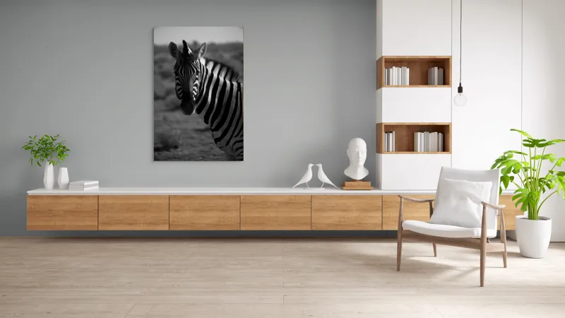 Tablou Canvas, "Zebră în peisaj deșertic africat", Zebră, Dungată, Gracilă, Sălbatică, Contrast, Solitară, Pășunând, Peisaj, Natură, Dramatică, 100 x 150 cm – poza 8