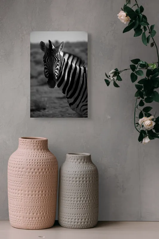 Tablou Canvas, "Zebră în peisaj deșertic africat", Zebră, Dungată, Gracilă, Sălbatică, Contrast, Solitară, Pășunând, Peisaj, Natură, Dramatică, 26 x 39 cm – poza 6