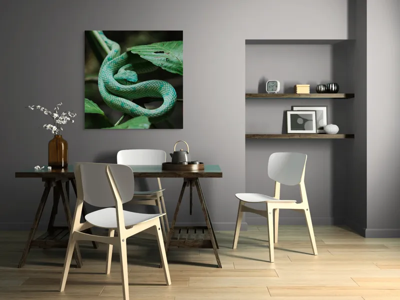 Tablou Canvas, "Șarpele verde în jungla deasă", Verde, Șarpe, Frunze, Natură, Textură, Cambodgean, Exotism, Reptilă, 100 x 100 cm – poza 6