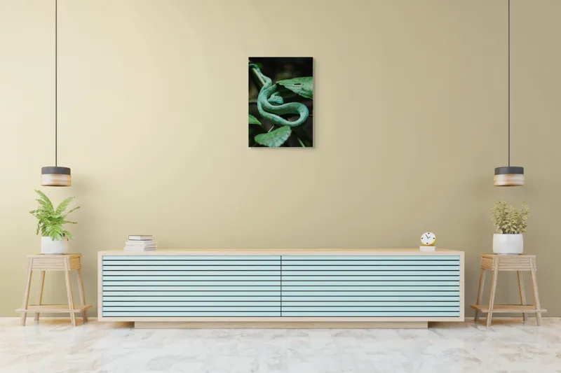 Tablou Canvas, "Șarpele verde în jungla deasă", Verde, Șarpe, Frunze, Natură, Textură, Cambodgean, Exotism, Reptilă, 50 x 70 cm – poza 6