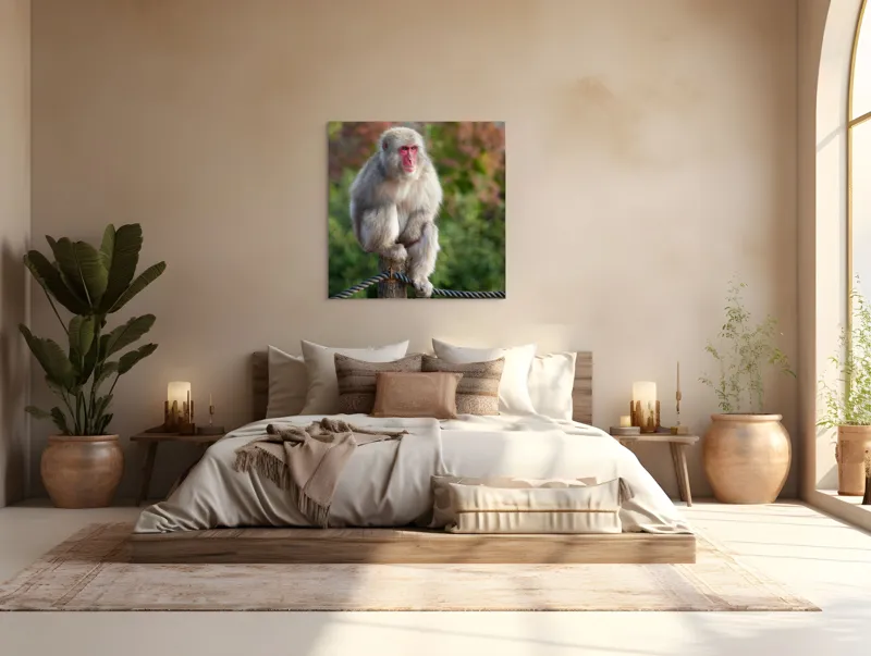 Tablou Canvas, "Maimuța contemplativă în peisaj de toamnă", Blană, Trunchi, Sârma, Privire, Fundal, Toamnă, Macac, Japonia., 100 x 100 cm – poza 4