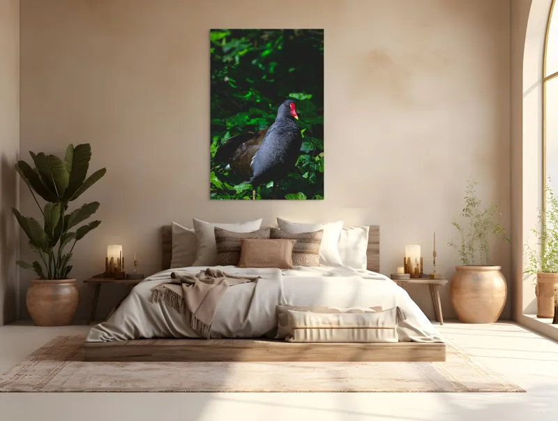 Tablou Canvas, "Pasărea cu cioc roșu în pădure", Pasăre, Natură, Frunze, Verde, Penaj, Roșu, Lumină, Contrast., 100 x 150 cm – poza 3