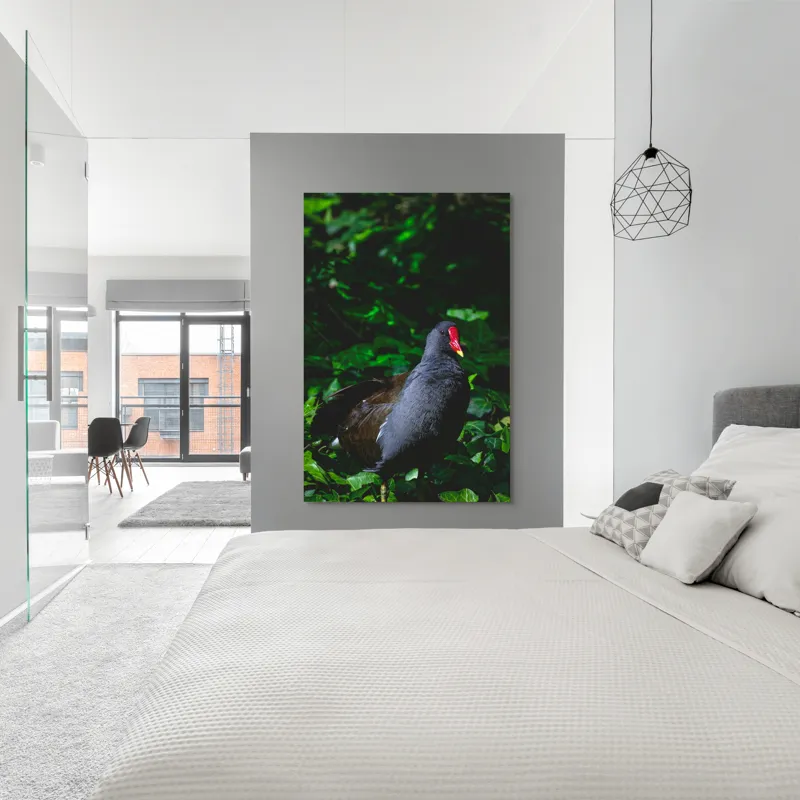 Tablou Canvas, "Pasărea cu cioc roșu în pădure", Pasăre, Natură, Frunze, Verde, Penaj, Roșu, Lumină, Contrast., 100 x 150 cm – poza 5