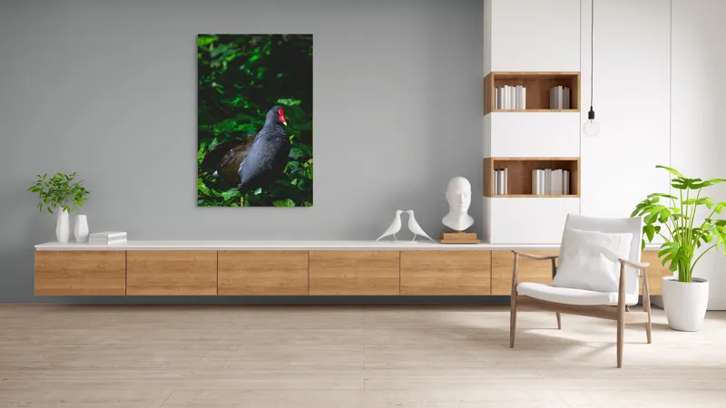 Tablou Canvas, "Pasărea cu cioc roșu în pădure", Pasăre, Natură, Frunze, Verde, Penaj, Roșu, Lumină, Contrast., 100 x 150 cm – poza 8