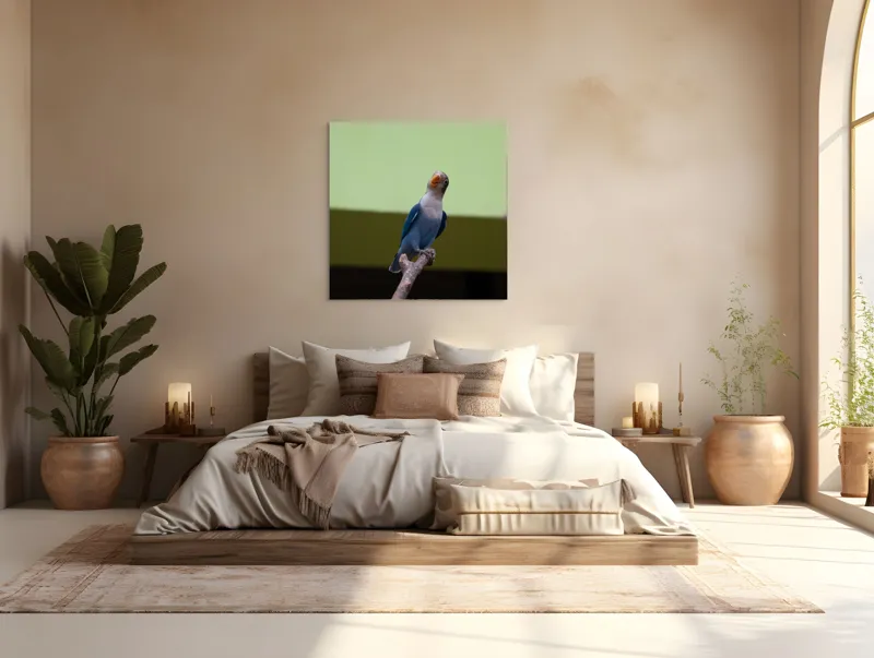 Tablou Canvas, "Papagal albastru pe creangă uscată", Pasăre, Ramură, Albastru, Portocaliu, Perete, Verde, Privește, 100 x 100 cm – poza 4