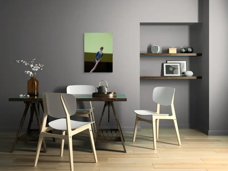 Tablou Canvas, "Papagal albastru pe creangă uscată", Pasăre, Ramură, Albastru, Portocaliu, Perete, Verde, Privește, 50 x 70 cm – poza 5