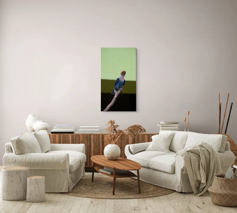 Tablou Canvas, "Papagal albastru pe creangă uscată", Pasăre, Ramură, Albastru, Portocaliu, Perete, Verde, Privește, 50 x 90 cm – poza 7