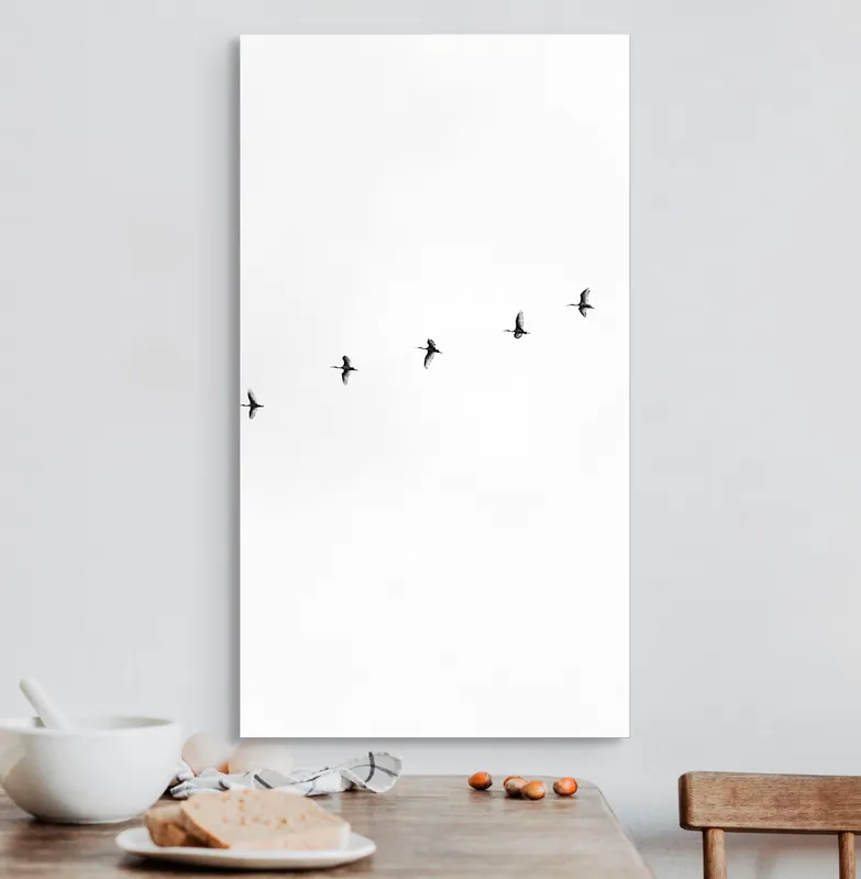 Tablou Canvas, "Dansul păsărilor pe cer alb", Păsări, Cer, Zbor, Linie, Minimalist, 50 x 90 cm – poza 3
