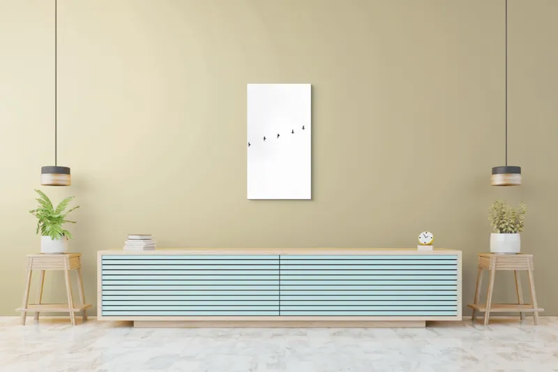 Tablou Canvas, "Dansul păsărilor pe cer alb", Păsări, Cer, Zbor, Linie, Minimalist, 50 x 90 cm – poza 6