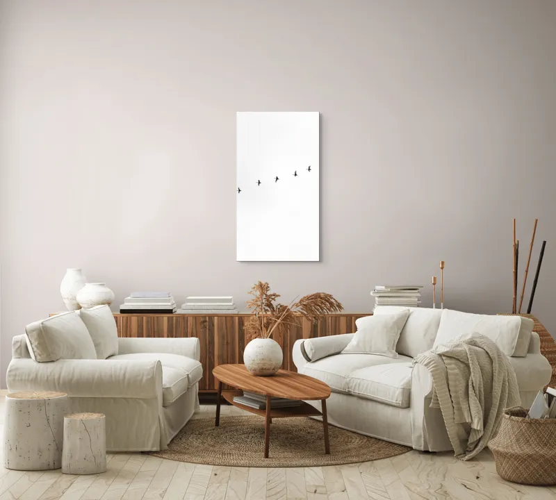 Tablou Canvas, "Dansul păsărilor pe cer alb", Păsări, Cer, Zbor, Linie, Minimalist, 50 x 90 cm – poza 7
