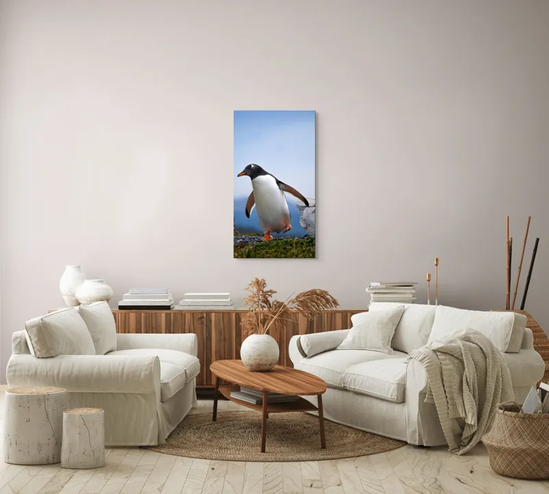 Tablou Canvas, "Pinguin în căutarea aventurii polare", Pinguin, Drum, Iarbă, Cer, Stâncă, Aripi, Ușor, Echilibru, Frig, Antarctic., 50 x 90 cm – poza 7