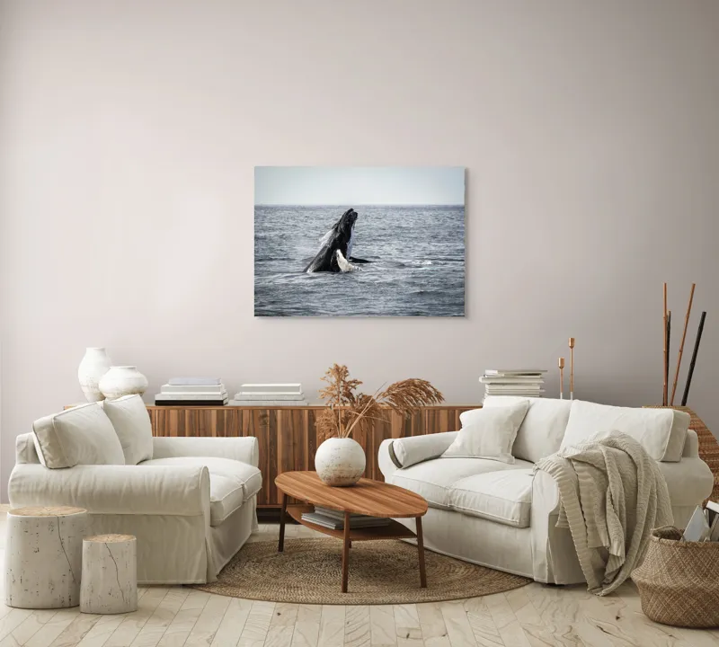 Tablou Canvas, "Balena jucăușă în oceanul vast", Balena, Ocean, Valuri, Natură, Salt, Apă, Grandoare, Libertate, 100 x 70 cm – poza 3