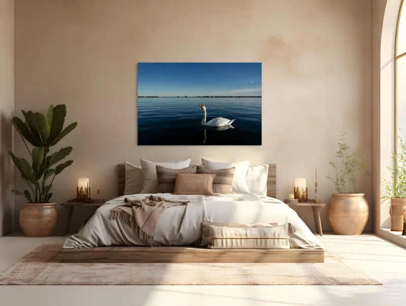 Tablou Canvas, "Lebăda solitară în zori de zi", Lebădă, Apă, Cer, Reflecție, Liniște, Orizont, Seninătate, Natură, 150 x 100 cm – poza 4