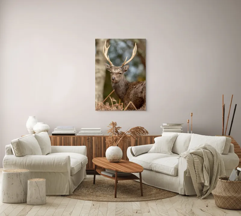 Tablou Canvas, "Cerbul mândru al pădurii tăcute", Cerb, Pădure, Coarne, Blană, Natură, Frunziș, Privire, Eleganță, 70 x 100 cm – poza 4