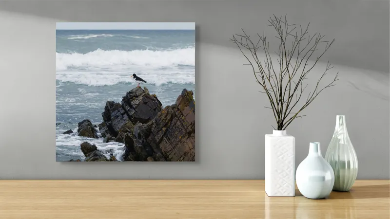 Tablou Canvas, "Pasărea singuratică pe stânca marină", Pasăre, Stânci, Mare, Valuri, Coastă, Natură, Cer, Albastru, 50 x 50 cm – poza 3