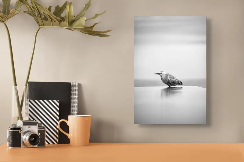 Tablou Canvas, "Pasăre contemplând liniștea dimineții", Pasăre, Singurătate, Reflexie, Minimalism, Tranquilitate, Alb-Negru, Calmitate, Natură, Liniște, 26 x 39 cm – poza 3