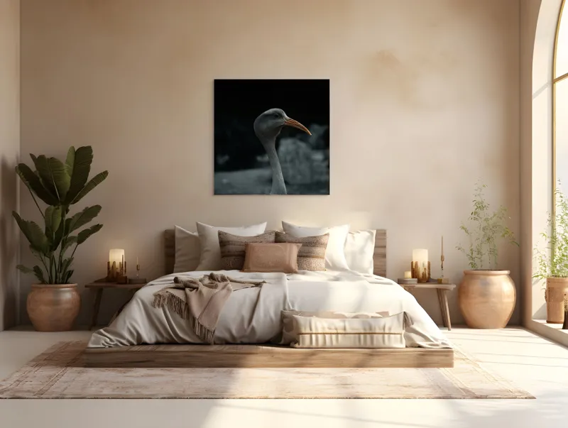Tablou Canvas, "Pasărea contemplativă în umbra nopții", Pasăre, Picioroangă, Cioc, Penaj, Fundal Întunecat, 100 x 100 cm – poza 4