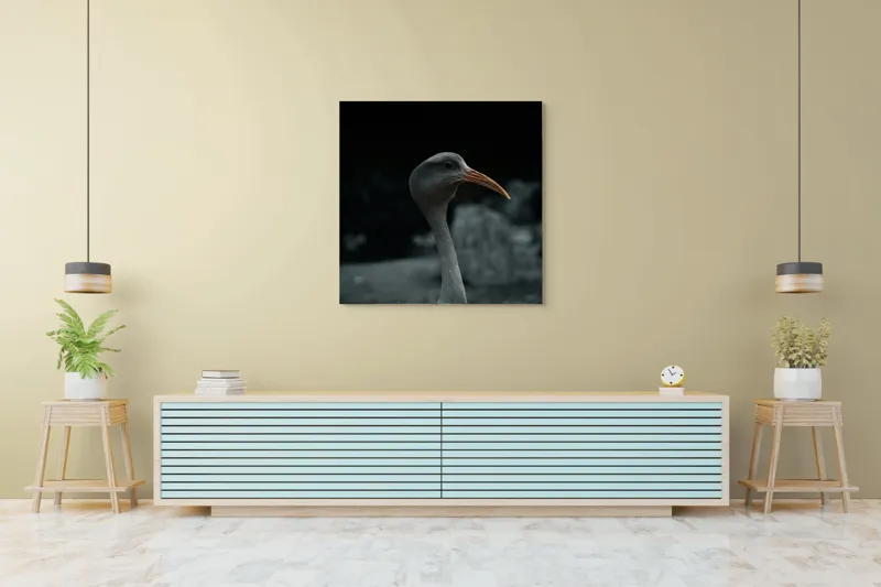 Tablou Canvas, "Pasărea contemplativă în umbra nopții", Pasăre, Picioroangă, Cioc, Penaj, Fundal Întunecat, 100 x 100 cm – poza 5