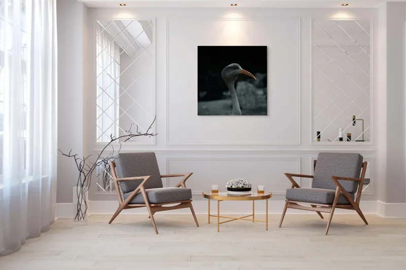 Tablou Canvas, "Pasărea contemplativă în umbra nopții", Pasăre, Picioroangă, Cioc, Penaj, Fundal Întunecat, 100 x 100 cm – poza 7
