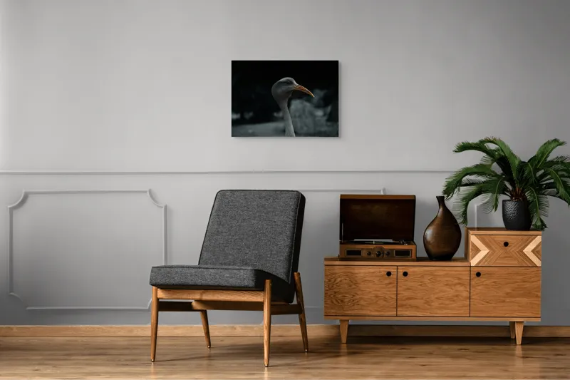 Tablou Canvas, "Pasărea contemplativă în umbra nopții", Pasăre, Picioroangă, Cioc, Penaj, Fundal Întunecat, 70 x 50 cm – poza 4