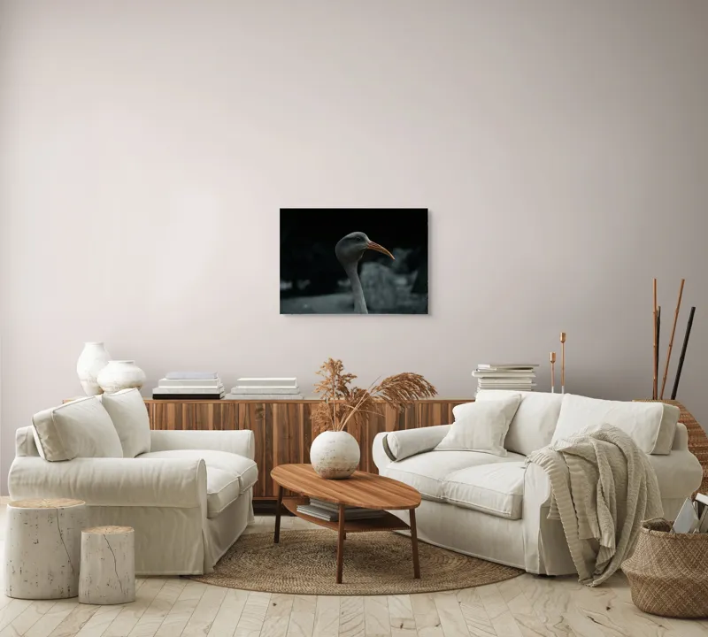 Tablou Canvas, "Pasărea contemplativă în umbra nopții", Pasăre, Picioroangă, Cioc, Penaj, Fundal Întunecat, 70 x 50 cm – poza 6