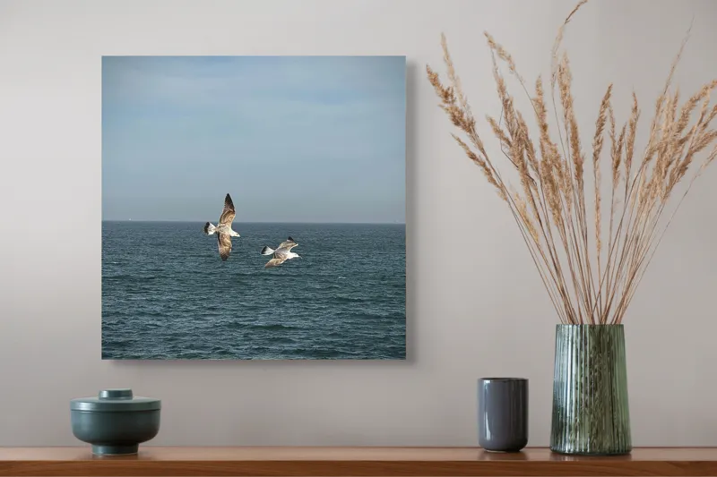 Tablou Canvas, "Zborul pescărușilor deasupra mării albastre", Pescăruși, Zbor, Mare, Cer, Libertate, Albastru, Calm, Orizont, Aripi, Natură, 50 x 50 cm – poza 4