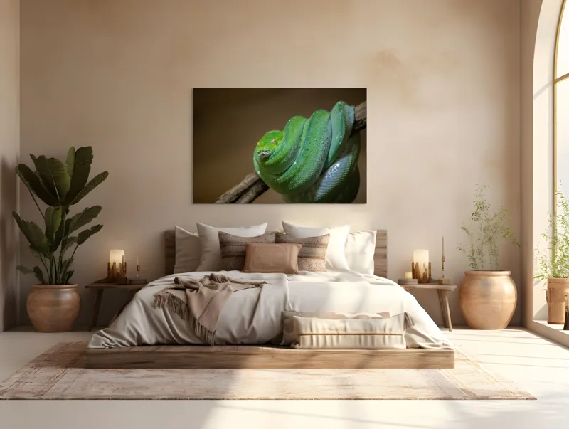 Tablou Canvas, "Șarpele odihnindu-se pe ramură", Șarpe, Verde, Liane, Umezeală, Natură, Reptilă, Frunze, 150 x 100 cm – poza 4
