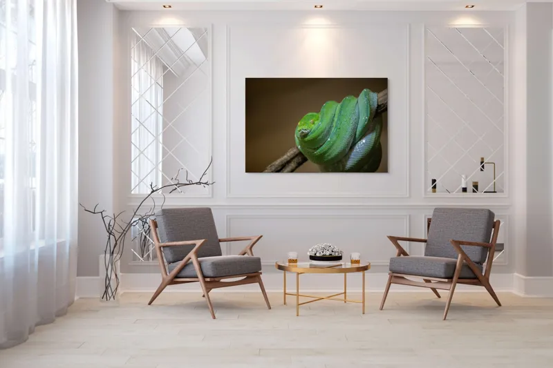 Tablou Canvas, "Șarpele odihnindu-se pe ramură", Șarpe, Verde, Liane, Umezeală, Natură, Reptilă, Frunze, 150 x 100 cm – poza 7